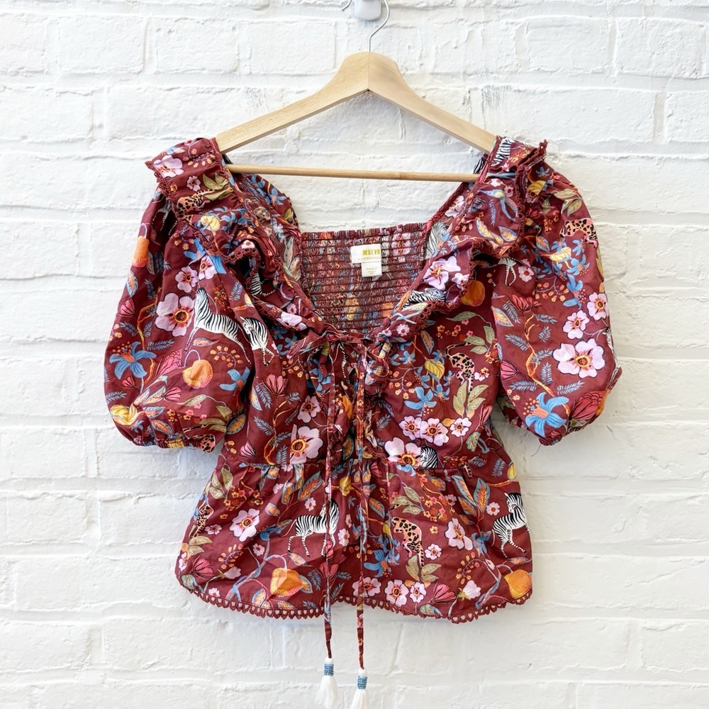Anthropologie || Maeve Ruffled Tie-Front Blouse Zebras Floral Small - Picture 1 of 8